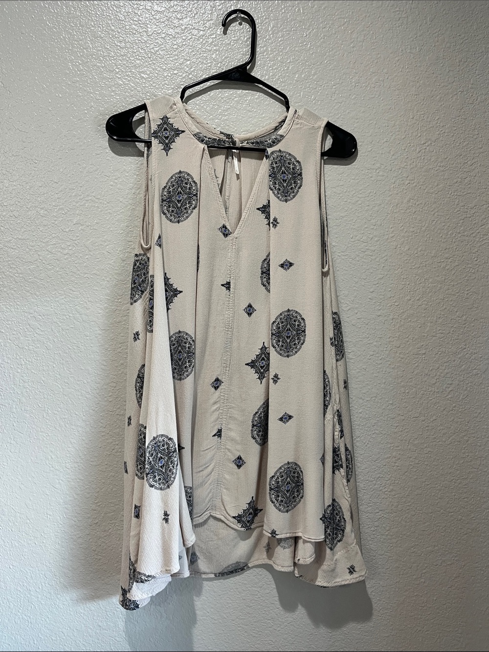 Free People Cream Sleeveless Mini Dress Navy Black Print Sz S Boho Cottage Core